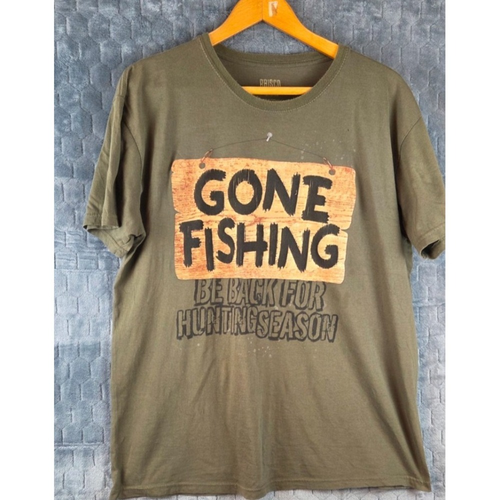 Brisco T-Shirt Men's Dark Green Gone Fishing Be Back For Hunting Season Sz 2X